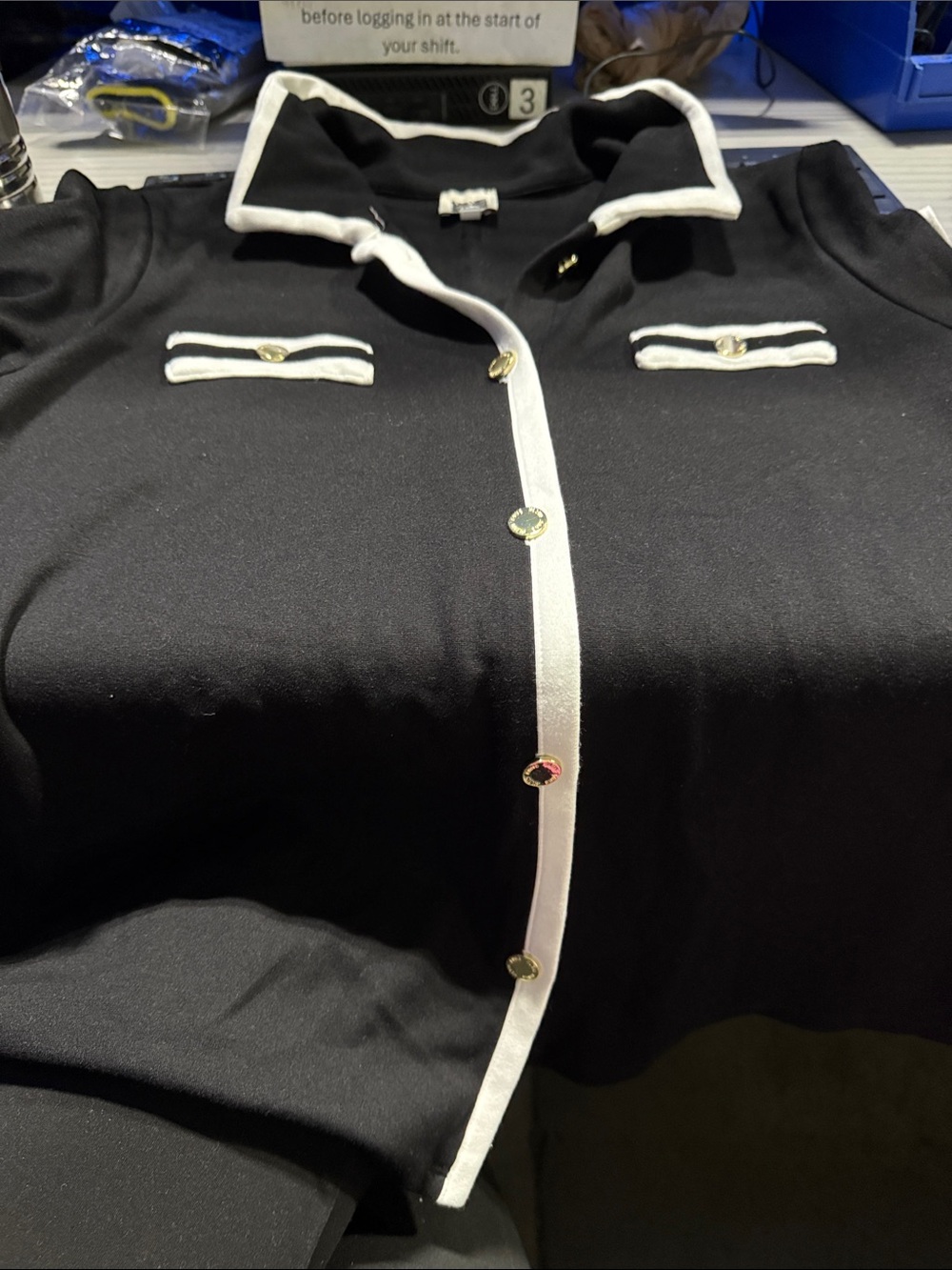 Anne Klein button-up blouse, L black with white trim and gold buttons